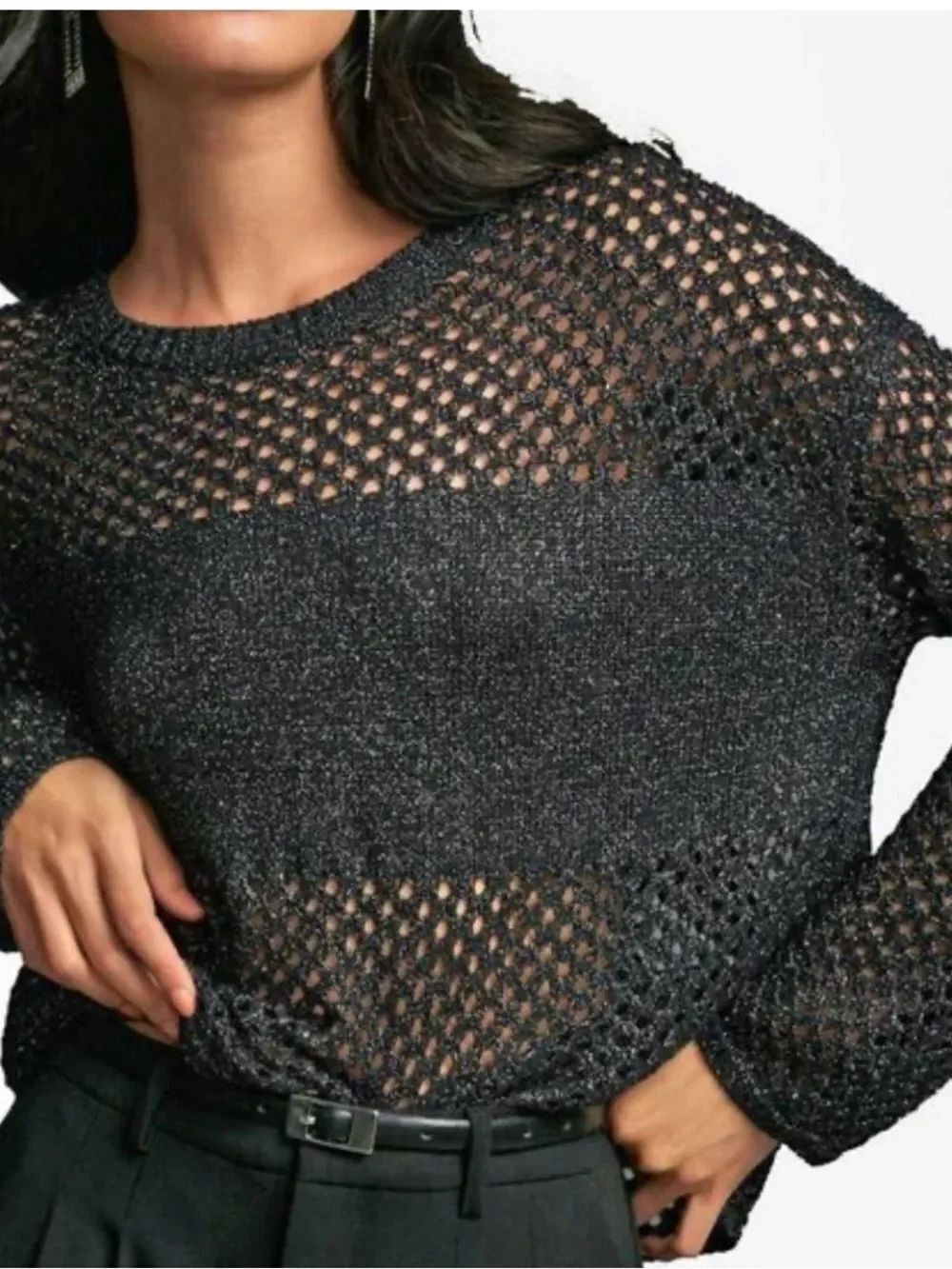 0085 Pilcro Black Shimmery Open-Knit Crewneck Sweater